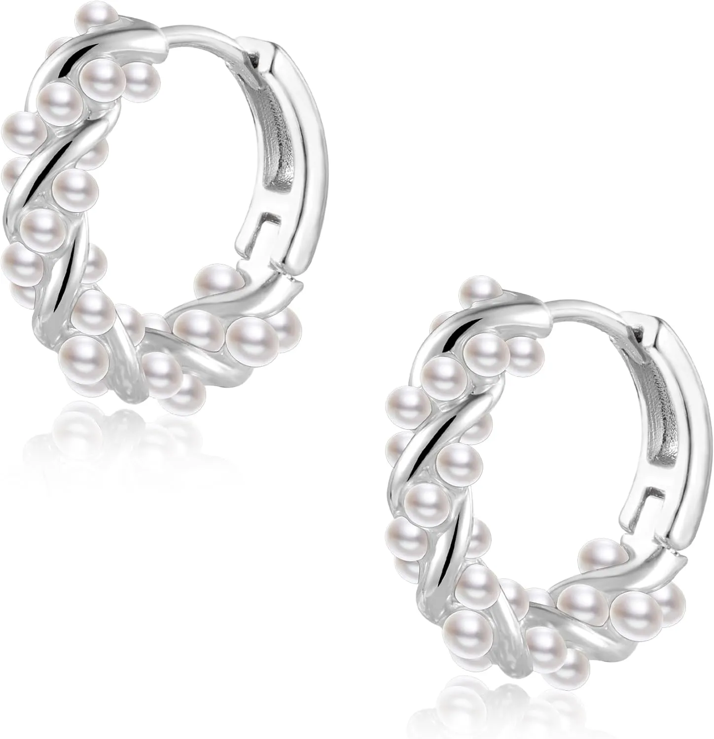 Small Pearl Hoop Earrings for Women, Twisted Huggie Hoop Earrings with Tiny Pearls Chain Link Earing Hypoallergenic Jewelry 16mm