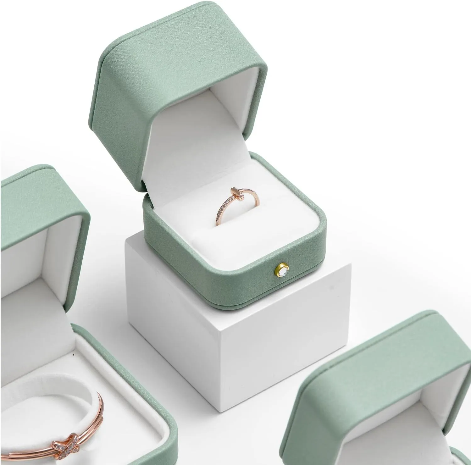 Small Presentation Ring Gift Box Premium Green Leather Ring Box for Proposal Engagement