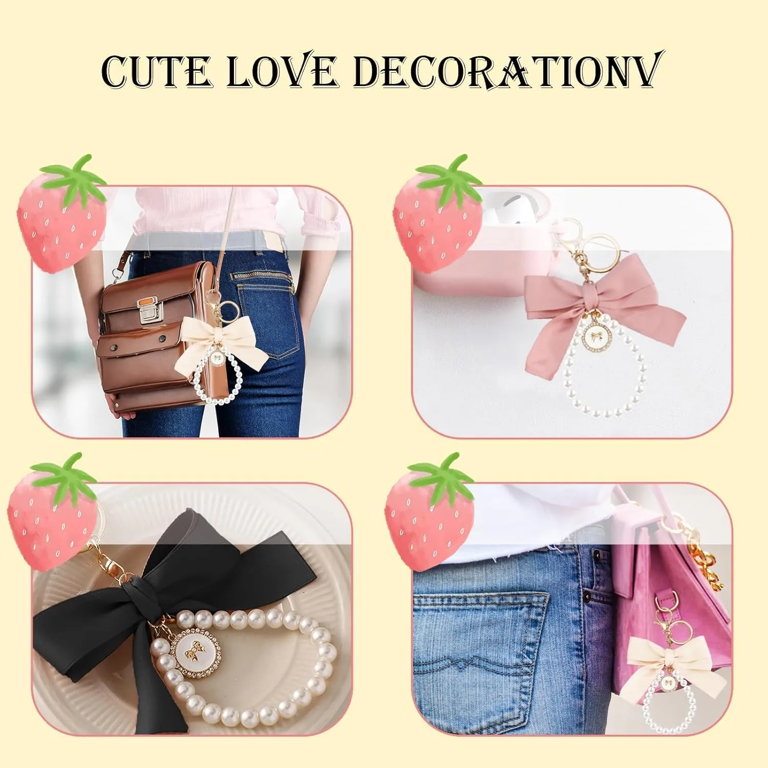 SMUOBT 2Pcs Cute Bow Keychain for Women, Pearl Key Chains for Car Keys Coquette Bow Keychain Accessories Aesthetic Bag Charms