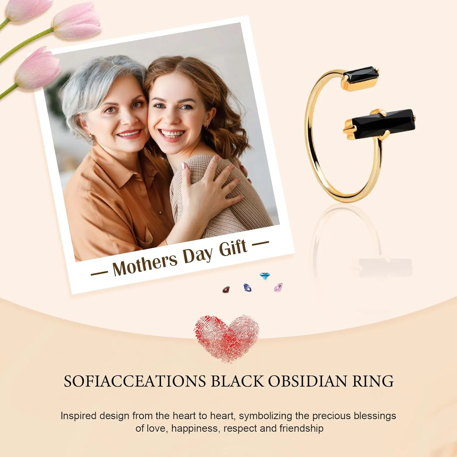 SofiacCeations Handmade Obsidian Ring, Obsidian Bar Ring, 18K Gold Dainty Minimalist Ring, Cuff Adjustable Reiszable Ring, Healing Protection Ring, Fits US Sizes 512
