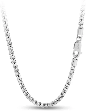 Solid 925 Sterling Silver 3mm Round Box Chain Necklace 18, 20, 22, 24, 26, 28 Inch for Men Women