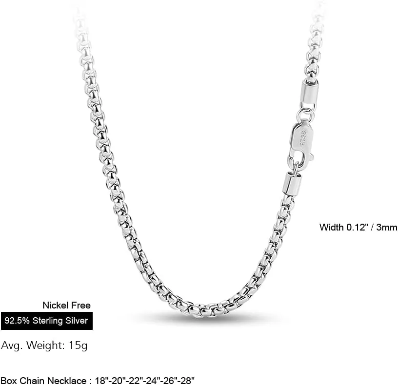 Solid 925 Sterling Silver 3mm Round Box Chain Necklace 18, 20, 22, 24, 26, 28 Inch for Men Women
