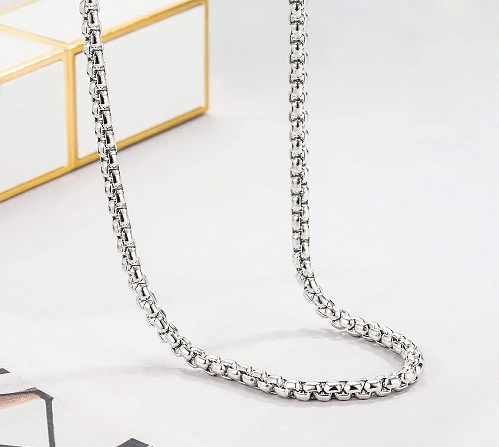 Solid 925 Sterling Silver 3mm Round Box Chain Necklace 18, 20, 22, 24, 26, 28 Inch for Men Women