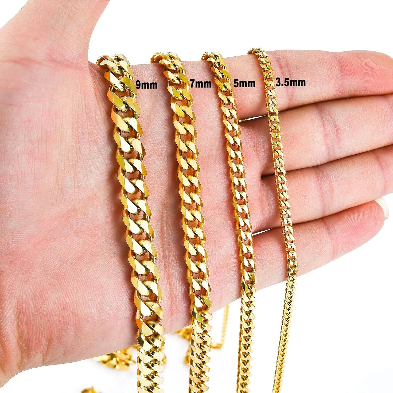 Solid Stainless Steel Cuban Chain Necklace for Men and Women Waterproof Curb Link Necklace Chain-Widths 3.5mm 5mm 7mm 9mm-Chain Lengths 16"-36"