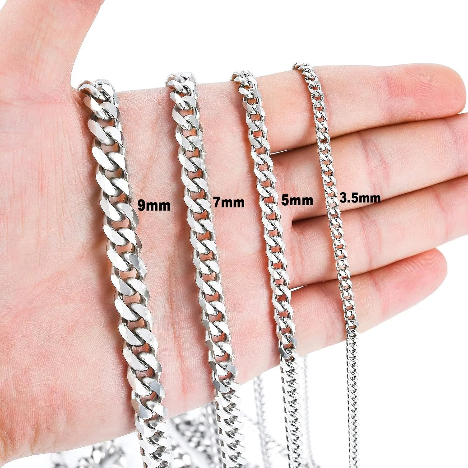 Solid Stainless Steel Cuban Chain Necklace for Men and Women Waterproof Curb Link Necklace Chain-Widths 3.5mm 5mm 7mm 9mm-Chain Lengths 16"-36"