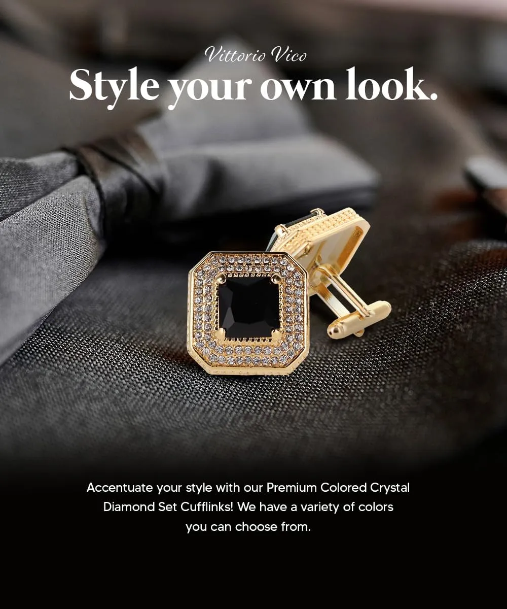 Square Colored Crystal Diamond Set Cuff Links for Men  Tuxedo Suit Accessories, Cufflinks for Men