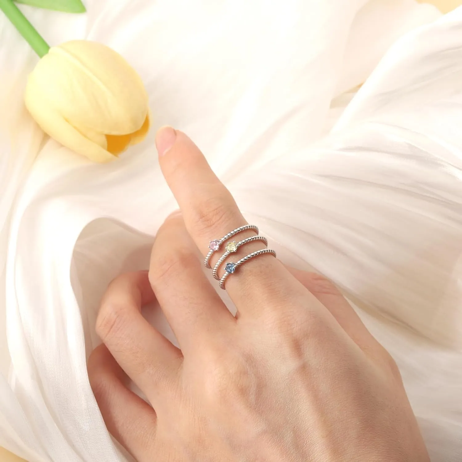 Stackable Birthstone Rings Set for Women: 925 Sterling Silver Mother Family Stacking Ring Minimalist Stackable Bands Mother's Day Jewelry Gifts for Wife