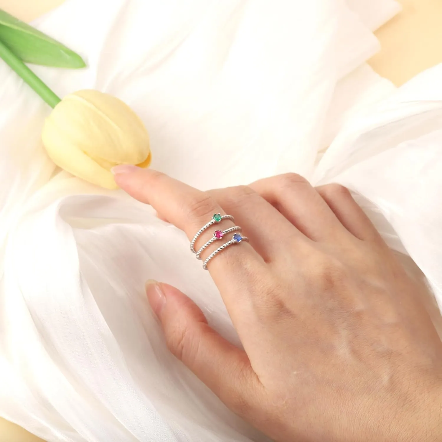 Stackable Birthstone Rings Set for Women: 925 Sterling Silver Mother Family Stacking Ring Minimalist Stackable Bands Mother's Day Jewelry Gifts for Wife