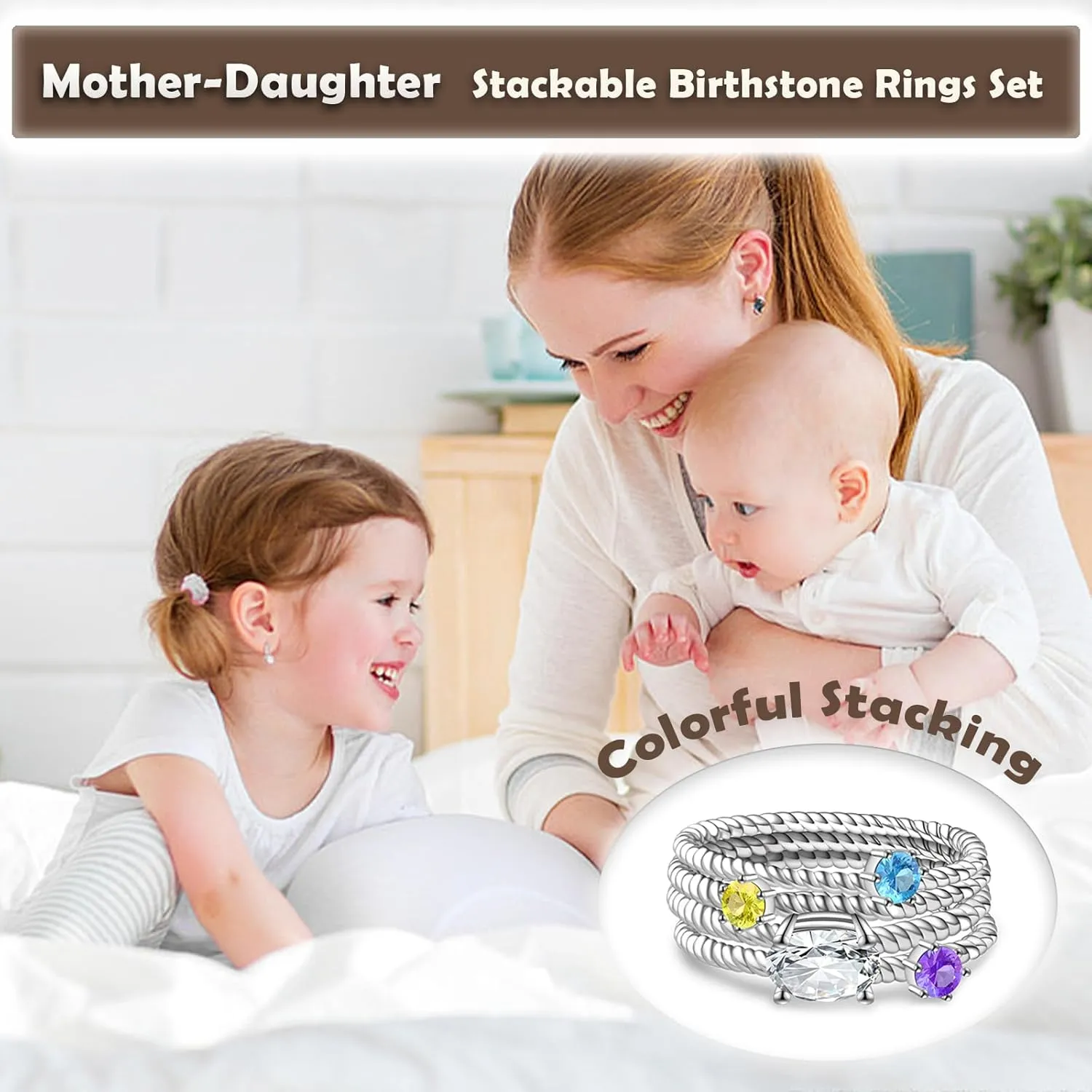 Stackable Birthstone Rings Set for Women: 925 Sterling Silver Mother Family Stacking Ring Minimalist Stackable Bands Mother's Day Jewelry Gifts for Wife