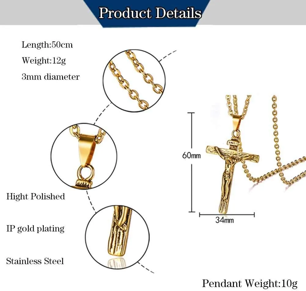 Stainless Steel Antique Cross Crucifix Silver Jesus Pendant Necklace for Men Women