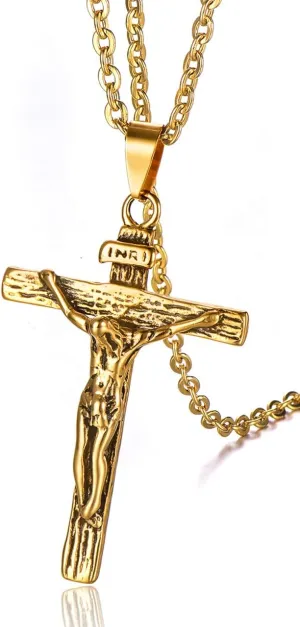Stainless Steel Antique Cross Crucifix Silver Jesus Pendant Necklace for Men Women