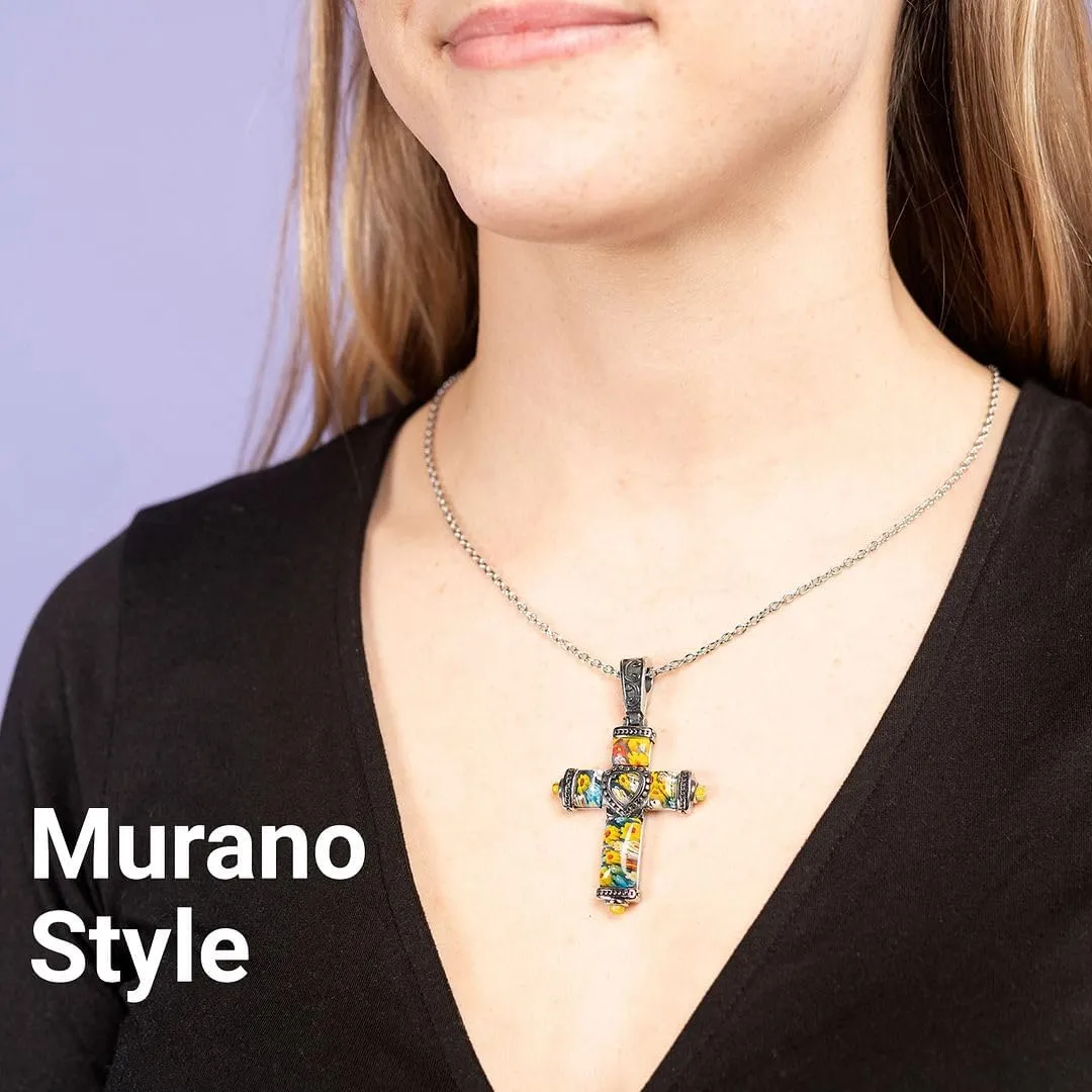 Stainless Steel Glass Murano Style Multi Color Beaded Cross Choker Pendant Necklace Delicate size 20" Catholic Faith Christian Religious Birthday Jewelry Birthday Gifts for Women