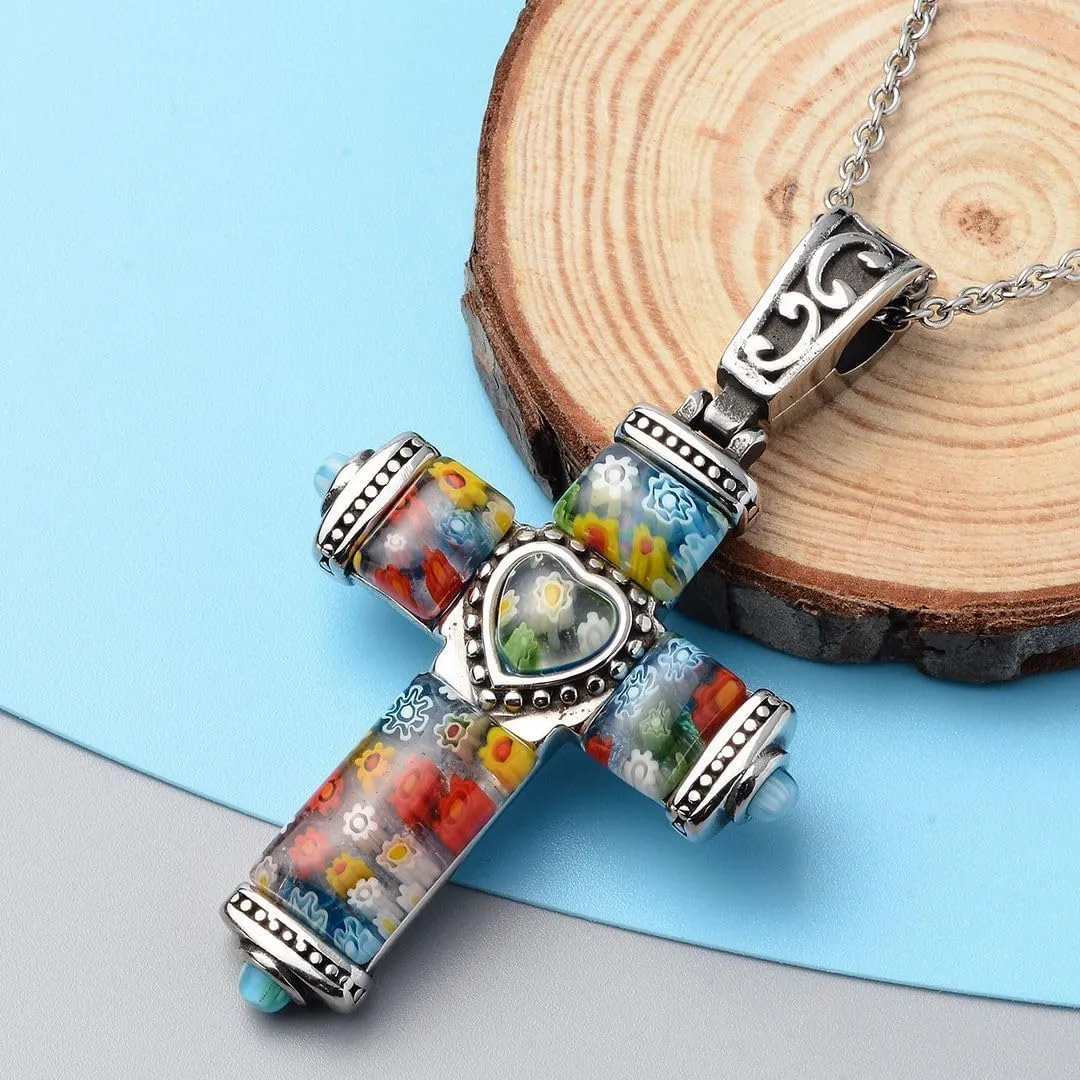 Stainless Steel Glass Murano Style Multi Color Beaded Cross Choker Pendant Necklace Delicate size 20" Catholic Faith Christian Religious Birthday Jewelry Birthday Gifts for Women