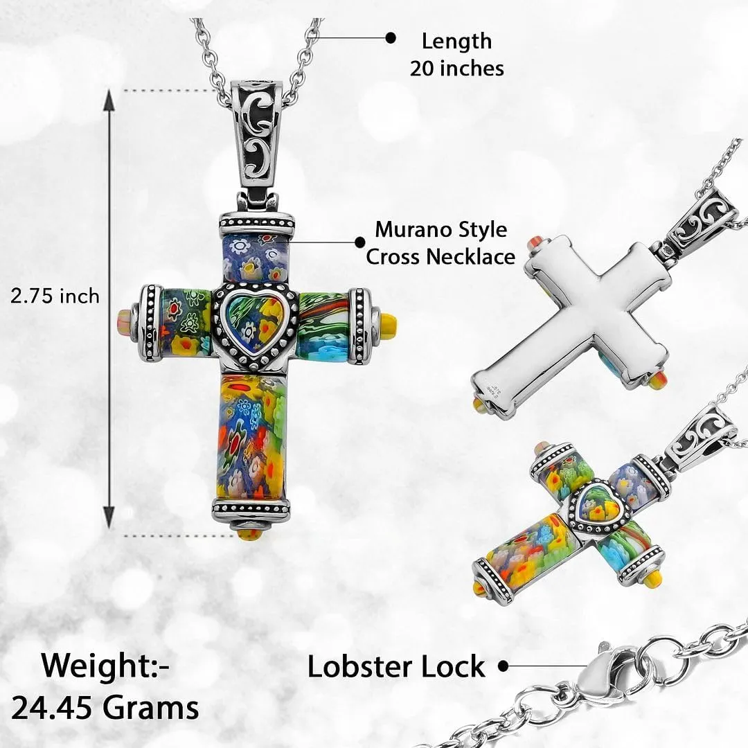Stainless Steel Glass Murano Style Multi Color Beaded Cross Choker Pendant Necklace Delicate size 20" Catholic Faith Christian Religious Birthday Jewelry Birthday Gifts for Women
