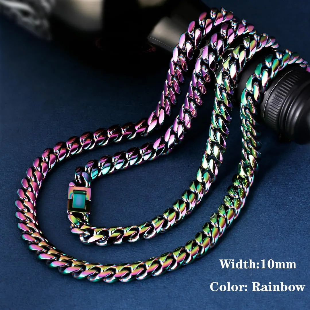 Stainless Steel Rainbow Colorful Cuban Link Chain Chunky Heavy Curb Necklace for Men Women