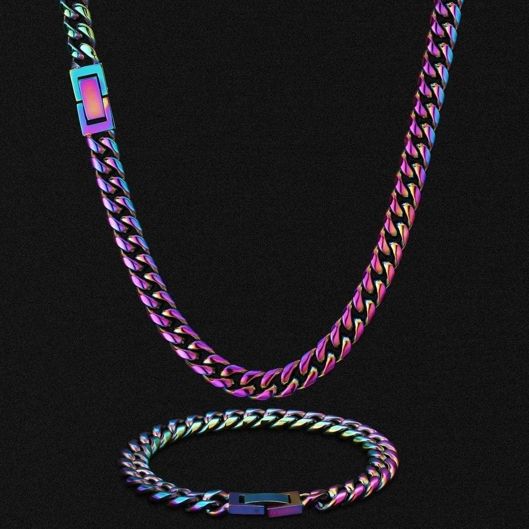 Stainless Steel Rainbow Colorful Cuban Link Chain Chunky Heavy Curb Necklace for Men Women