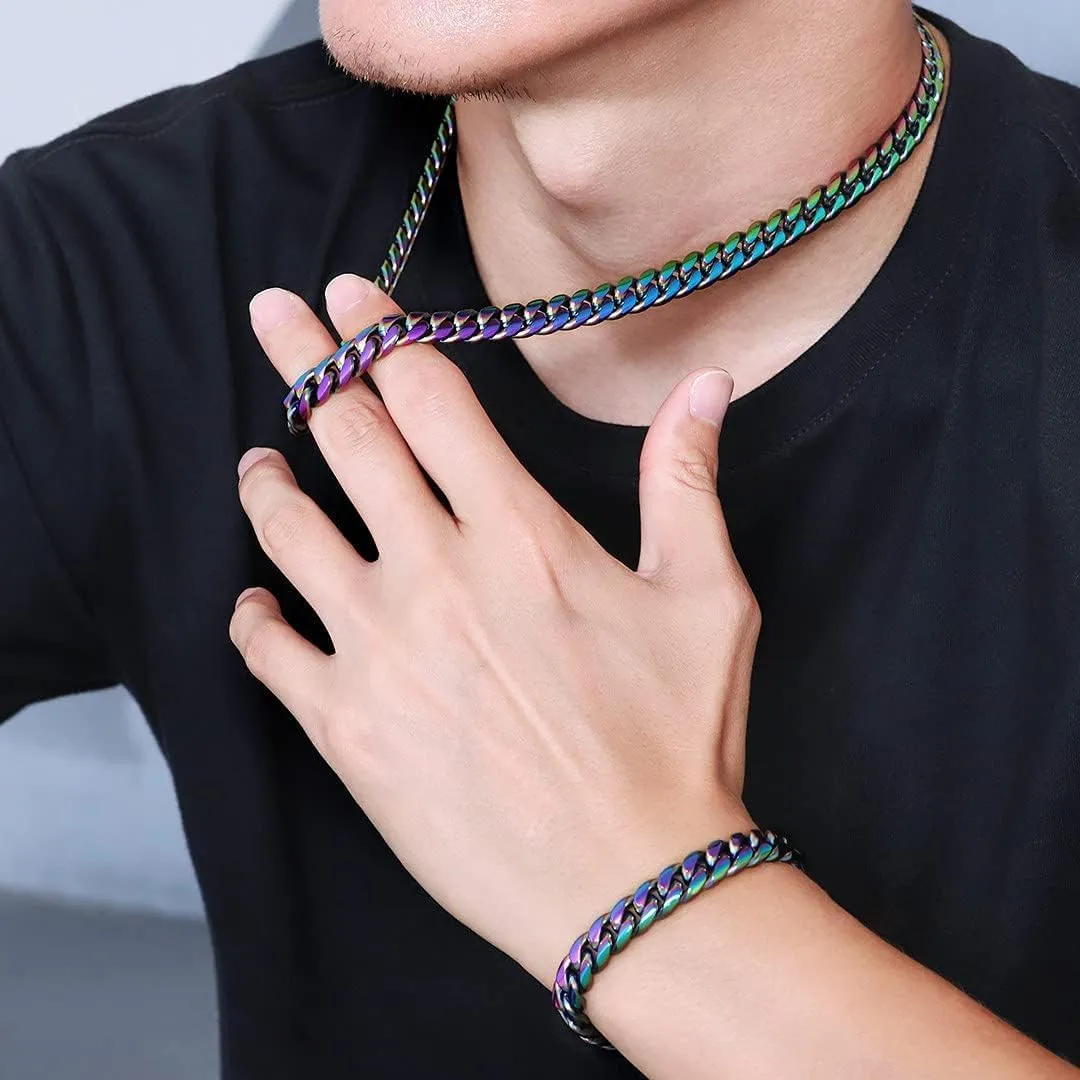 Stainless Steel Rainbow Colorful Cuban Link Chain Chunky Heavy Curb Necklace for Men Women
