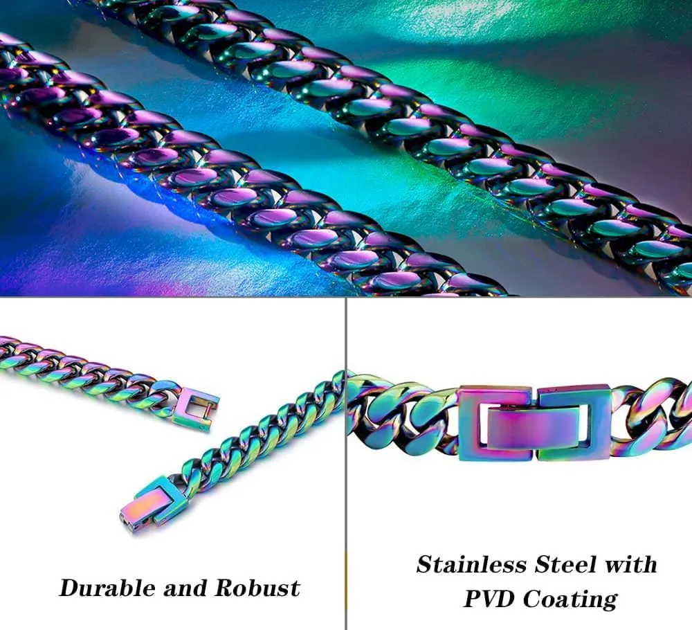 Stainless Steel Rainbow Colorful Cuban Link Chain Chunky Heavy Curb Necklace for Men Women