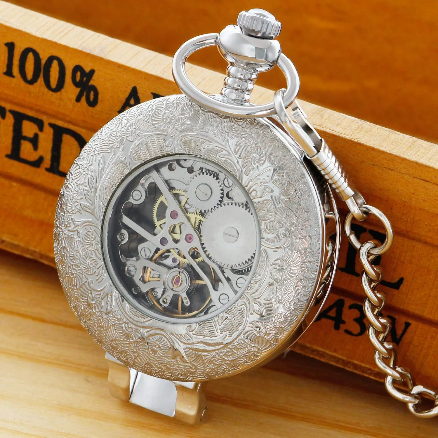 Stainless Steel Single Open Men's Mechanical Pocket Watch, Roman Digital Dial Mechanical Pocket Watch for Men
