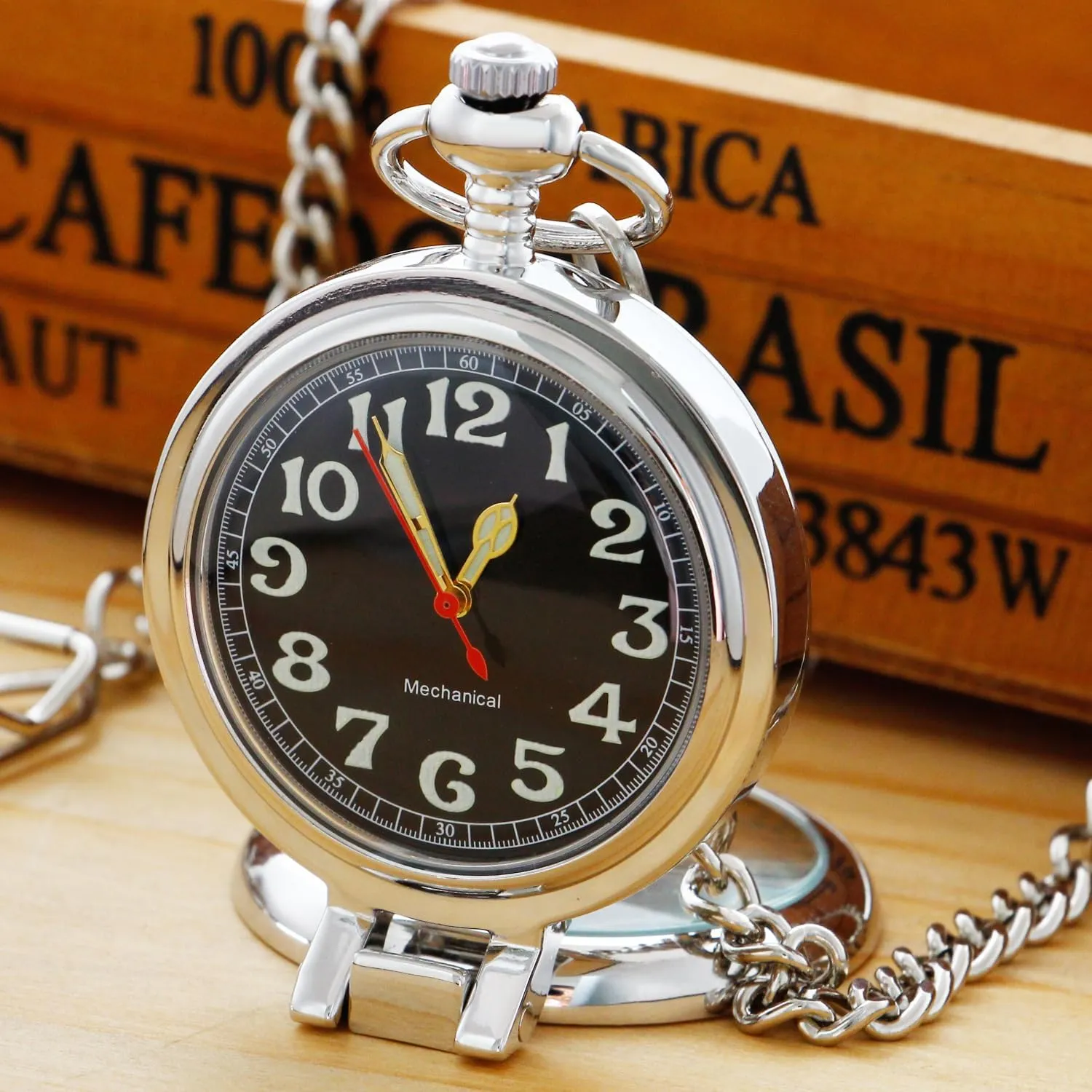 Stainless Steel Single Open Men's Mechanical Pocket Watch, Roman Digital Dial Mechanical Pocket Watch for Men
