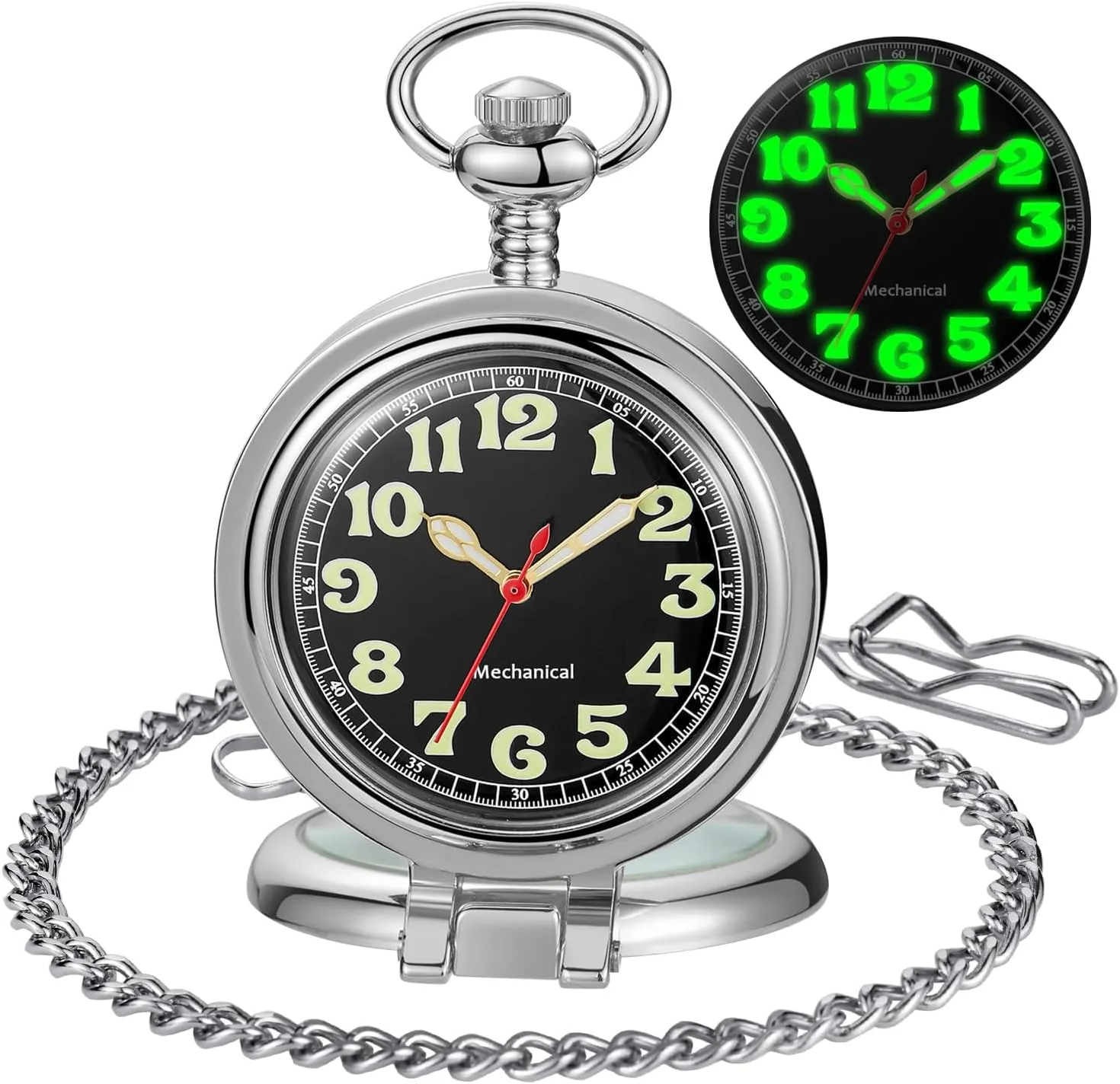 Stainless Steel Single Open Men's Mechanical Pocket Watch, Roman Digital Dial Mechanical Pocket Watch for Men