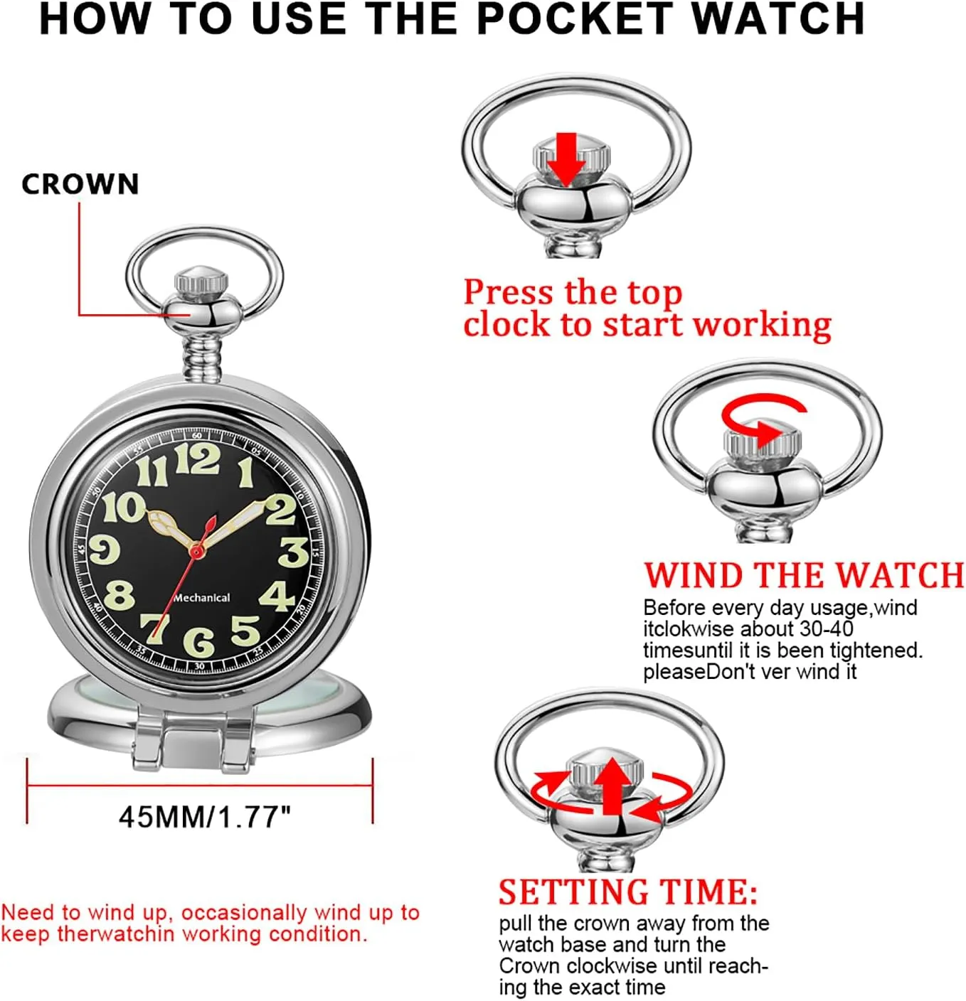 Stainless Steel Single Open Men's Mechanical Pocket Watch, Roman Digital Dial Mechanical Pocket Watch for Men