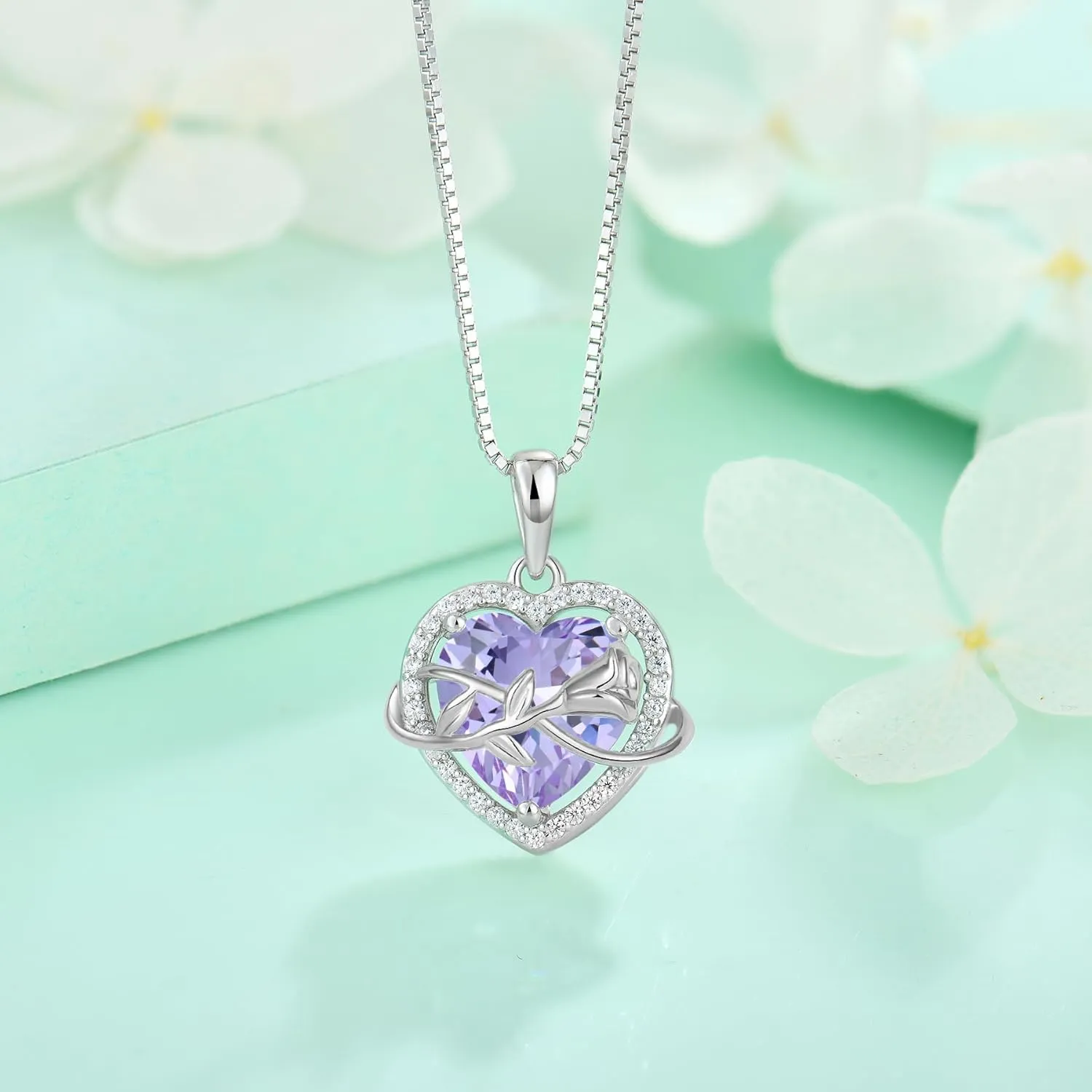 STARCHENIE Rose Necklace for Women 925 Sterling Silver Heart Pendant Necklace Birthstone Jewelry