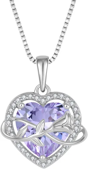 STARCHENIE Rose Necklace for Women 925 Sterling Silver Heart Pendant Necklace Birthstone Jewelry