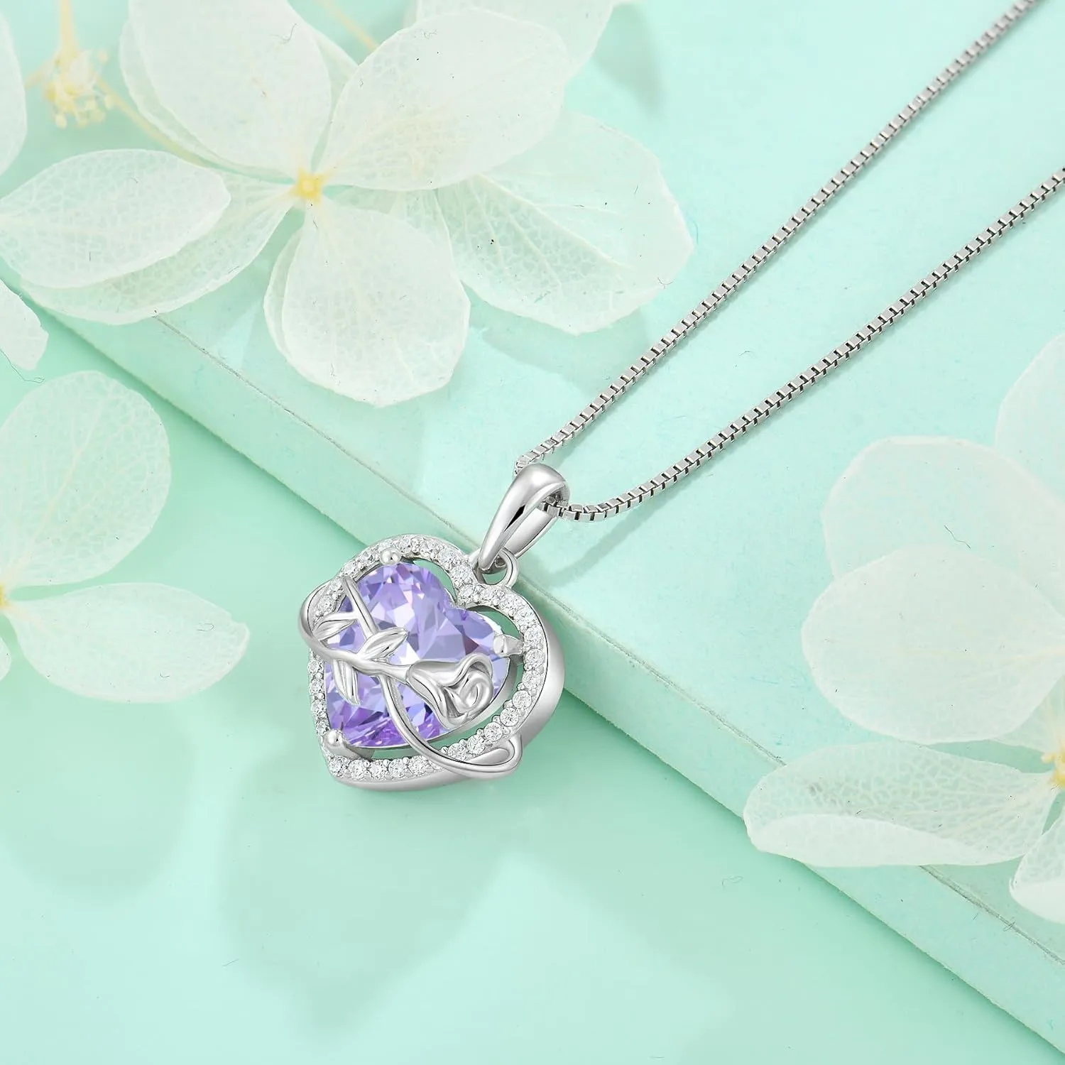 STARCHENIE Rose Necklace for Women 925 Sterling Silver Heart Pendant Necklace Birthstone Jewelry