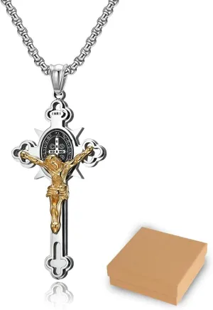 ST.Benedict Protection Cross Power Pendant Necklace, Religion Stainless Steel Crucifix Pendant Necklace Jewelry Gifts for Women Men with Gift Box