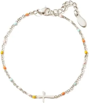 Sterling Silver Cross Bracelet Colorful Enamel Beads Chain Bracelet Religious Jewelry for Women