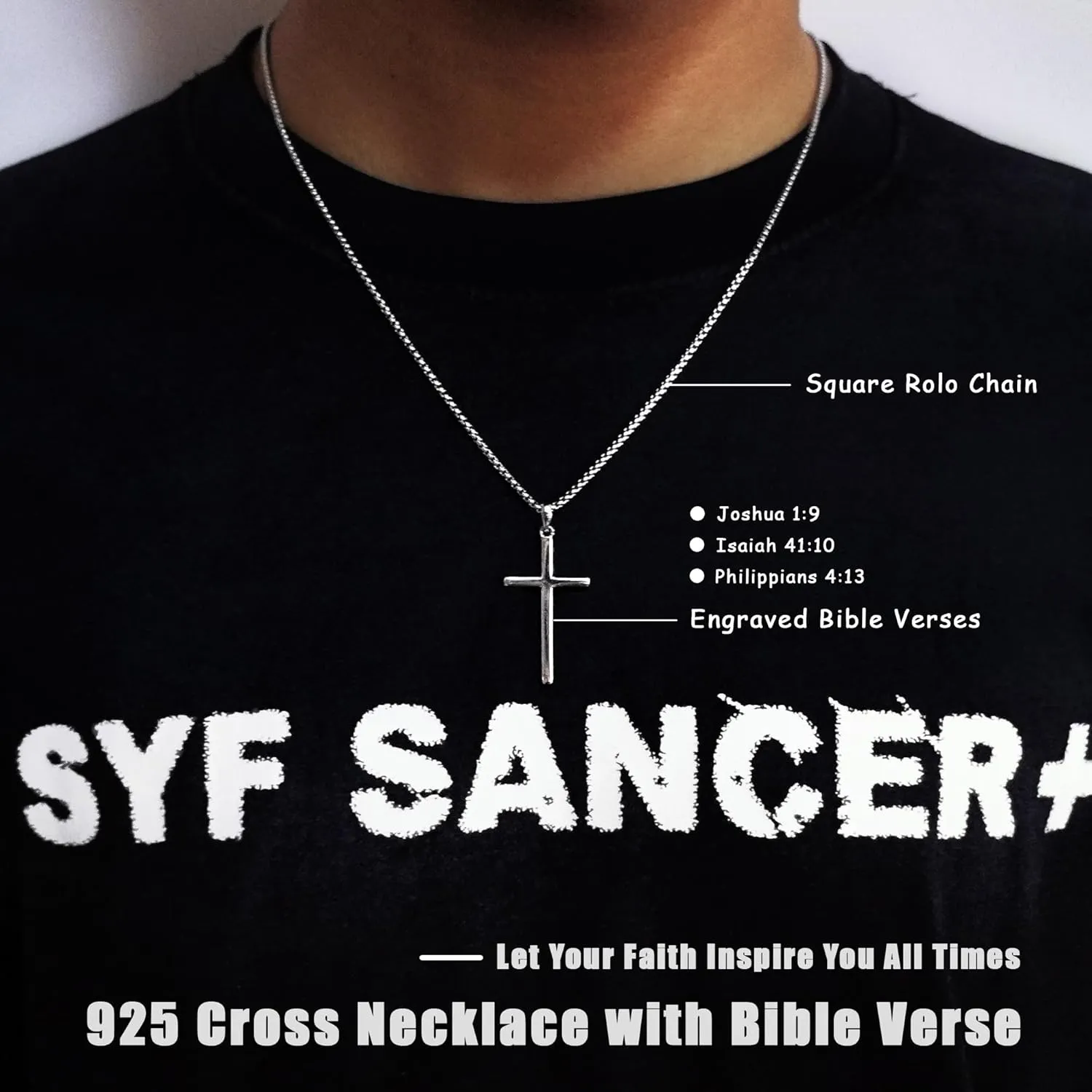 Sterling Silver Cross Necklace for Men Women 18K Gold Plated Bible Verse Dainty Cross Necklace 2mm Stainless Steel Square Rolo Chain S925 Crucifix Pendant Necklace Faith Jewelry Present 16-26 Inches