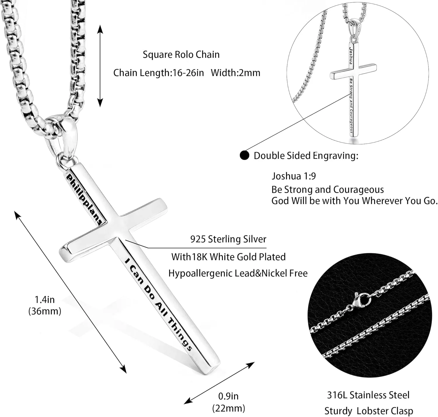 Sterling Silver Cross Necklace for Men Women 18K Gold Plated Bible Verse Dainty Cross Necklace 2mm Stainless Steel Square Rolo Chain S925 Crucifix Pendant Necklace Faith Jewelry Present 16-26 Inches