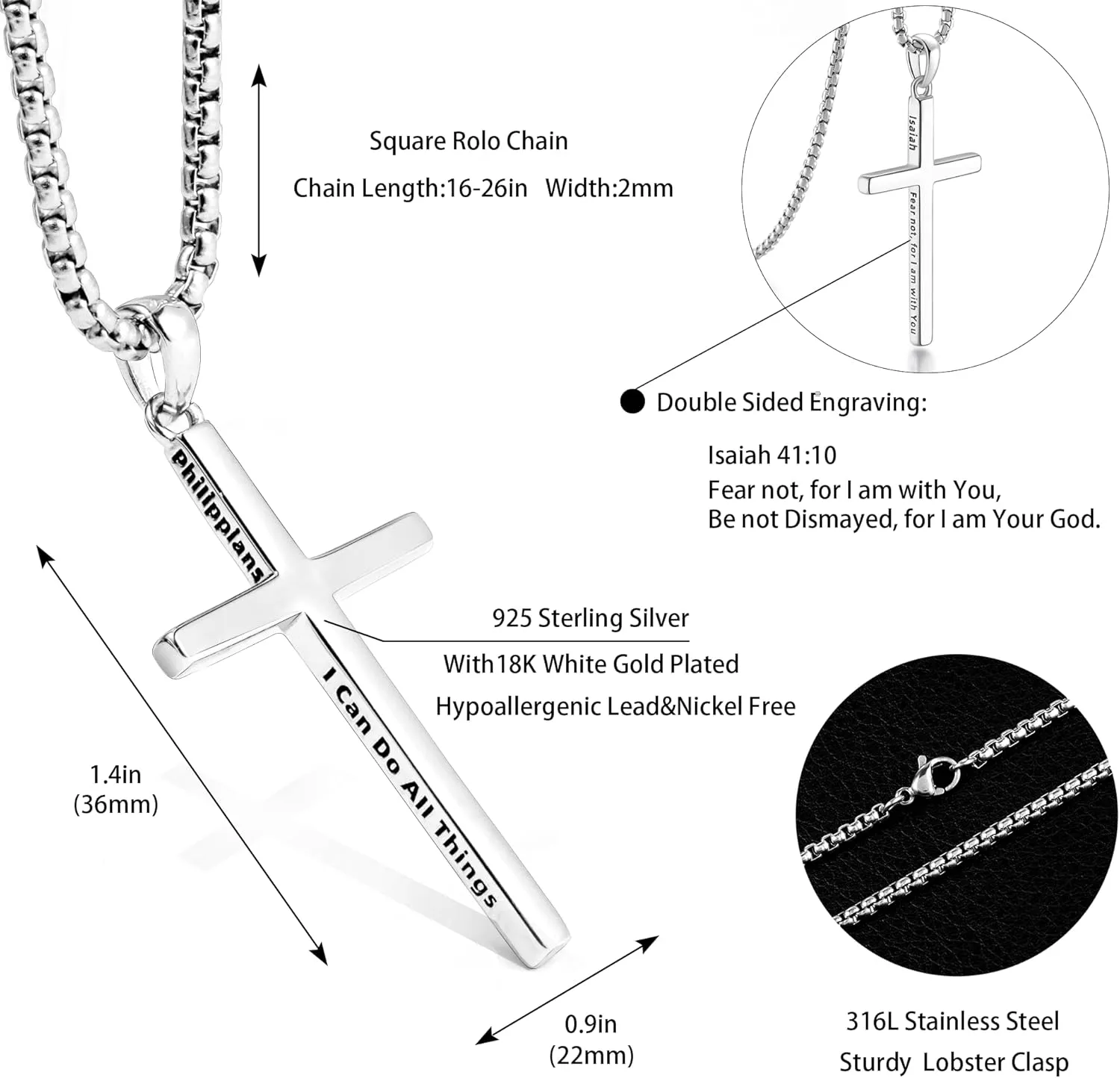 Sterling Silver Cross Necklace for Men Women 18K Gold Plated Bible Verse Dainty Cross Necklace 2mm Stainless Steel Square Rolo Chain S925 Crucifix Pendant Necklace Faith Jewelry Present 16-26 Inches