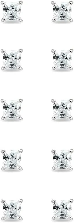 Sterling Silver Cubic Zirconia Princess-Cut 3mm Square CZ Stud Earrings Set for Women Men, 5 Pairs