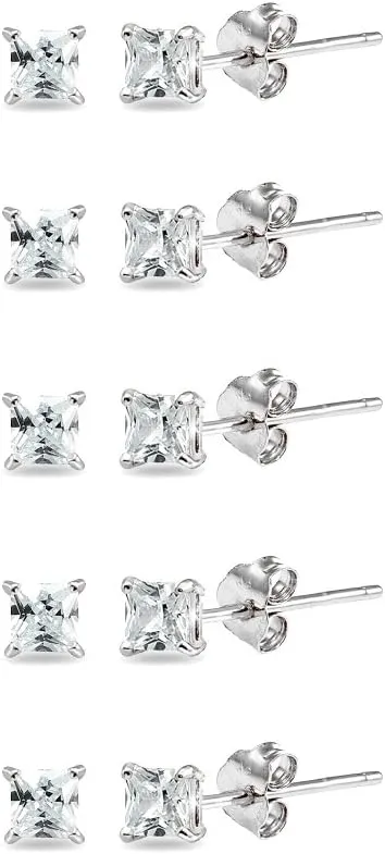 Sterling Silver Cubic Zirconia Princess-Cut 3mm Square CZ Stud Earrings Set for Women Men, 5 Pairs