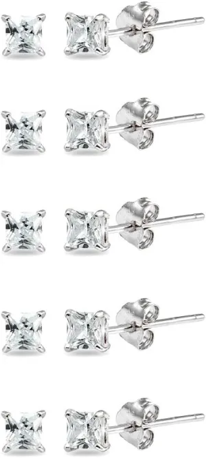 Sterling Silver Cubic Zirconia Princess-Cut 3mm Square CZ Stud Earrings Set for Women Men, 5 Pairs