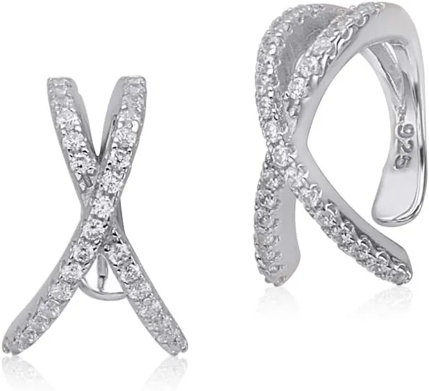 Sterling Silver Faux Conch Hoop Earrings Criss Cross with Simulated Diamonds Cartilage Ear Cuff for Non Pierced Ears