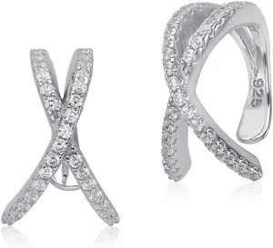 Sterling Silver Faux Conch Hoop Earrings Criss Cross with Simulated Diamonds Cartilage Ear Cuff for Non Pierced Ears