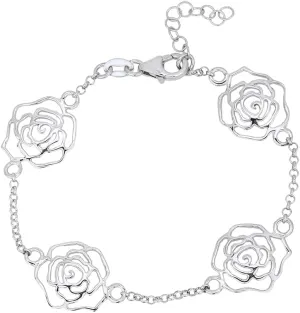 Sterling Silver Jewelry - Rhodium Plated with 925 Stamp - Multi-Roses Bracelet - Elegant Handcrafted Charm for Women 6.50"   1" Extender