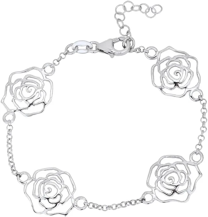Sterling Silver Jewelry - Rhodium Plated with 925 Stamp - Multi-Roses Bracelet - Elegant Handcrafted Charm for Women 6.50"   1" Extender