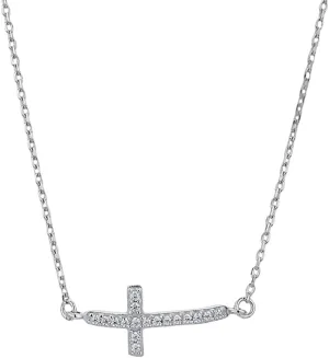 Sterling Silver Jewelry - Rhodium Plated with 925 Stamp - Sideway Cross Pendant Necklace - Elegant Handcrafted for Women - Chain 16" long   2" extender