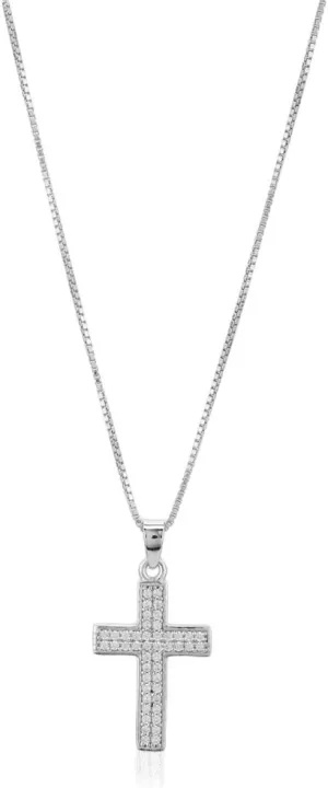 Sterling Silver Jewelry - Rhodium Plated with 925 Stamp - Studded Cross Pendant Necklace with Cubic Zirconia Stones - Elegant Handcrafted Beautifully Designed for Women 16" Long   2" Extender