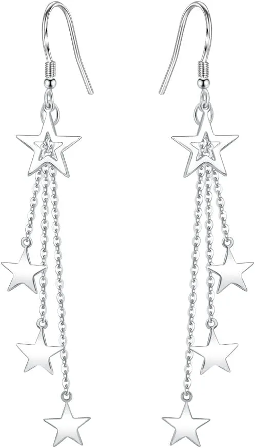 Sterling Silver Long Dangle Drop tassel star meteor earrings For Women