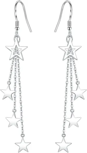 Sterling Silver Long Dangle Drop tassel star meteor earrings For Women