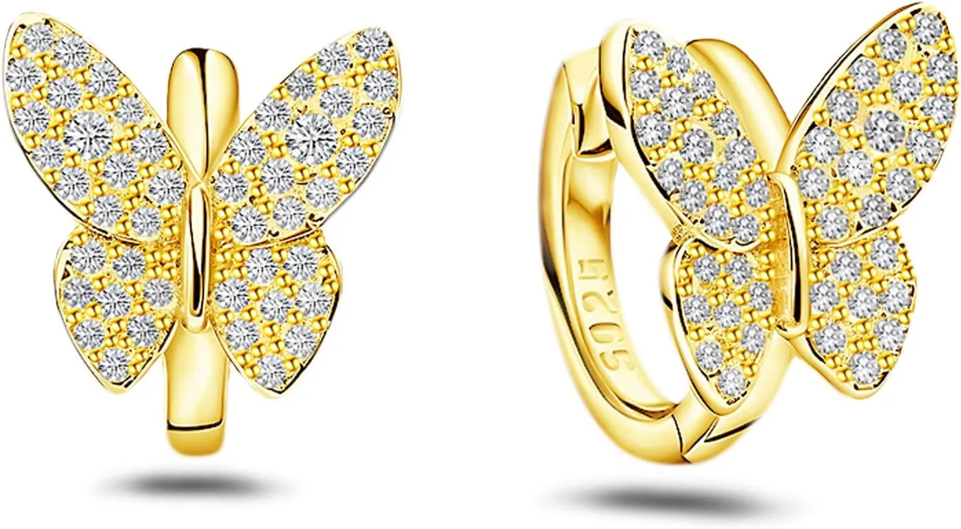 Sterling Silver Plated 14K Gold Cubic Zirconia Butterfly Earrings Small Butterflies Hoops Huggie Earrings Dainty Simple Minimalist Design Butterfly Jewelry for Mother's Day Valentine Birthday Gifts