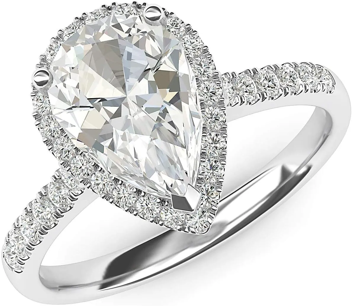 Sterling Silver Simulated Pear-Shaped Diamond Halo Engagement Ring with Side Stones Promise Bridal Ring