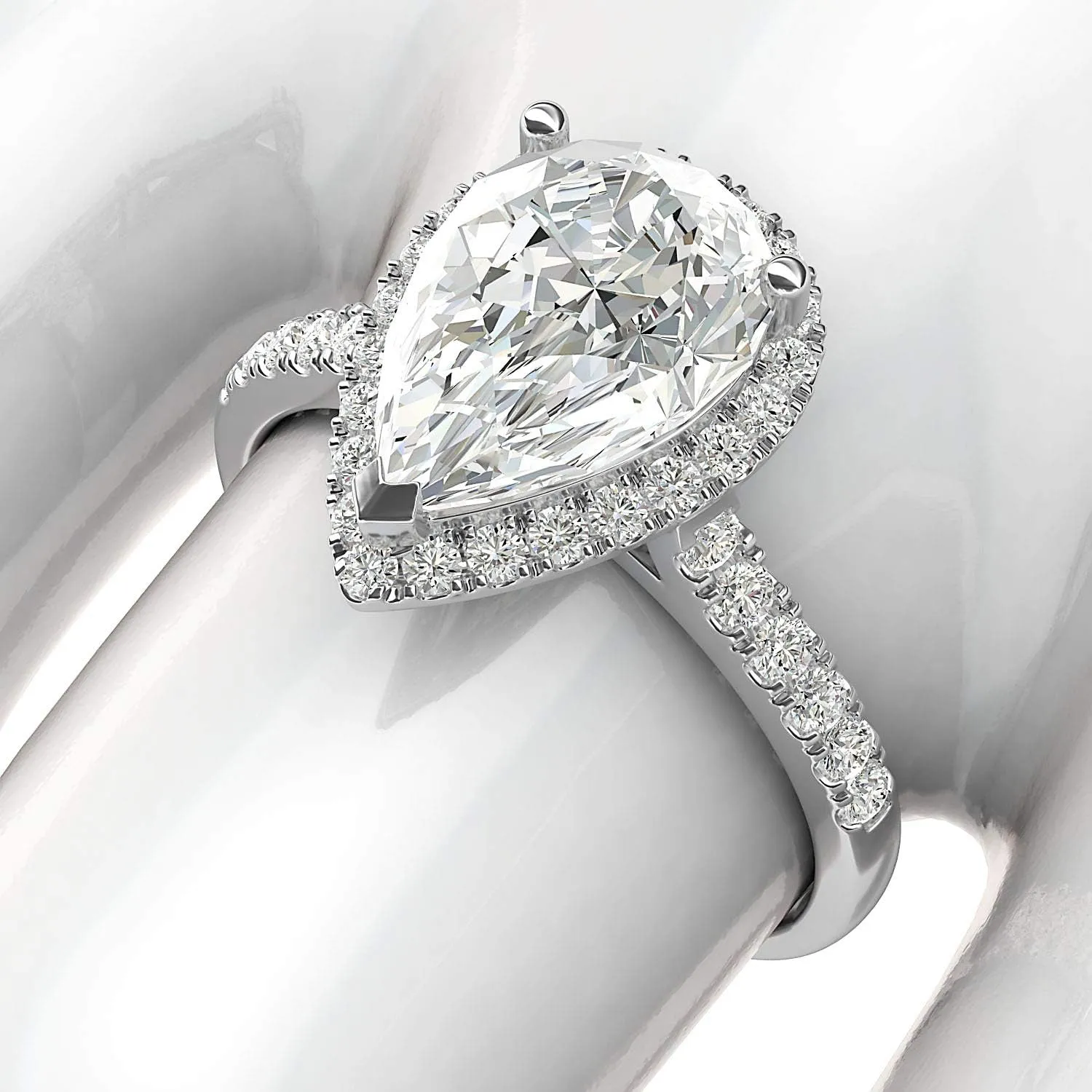 Sterling Silver Simulated Pear-Shaped Diamond Halo Engagement Ring with Side Stones Promise Bridal Ring