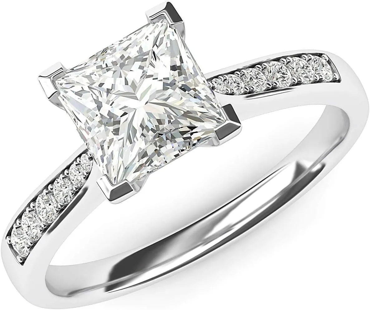 Sterling Silver Solitaire 1.5ct Simulated Princess Cut Diamond or Moissante Engagement Ring Side Stones Promise Bridal Ring