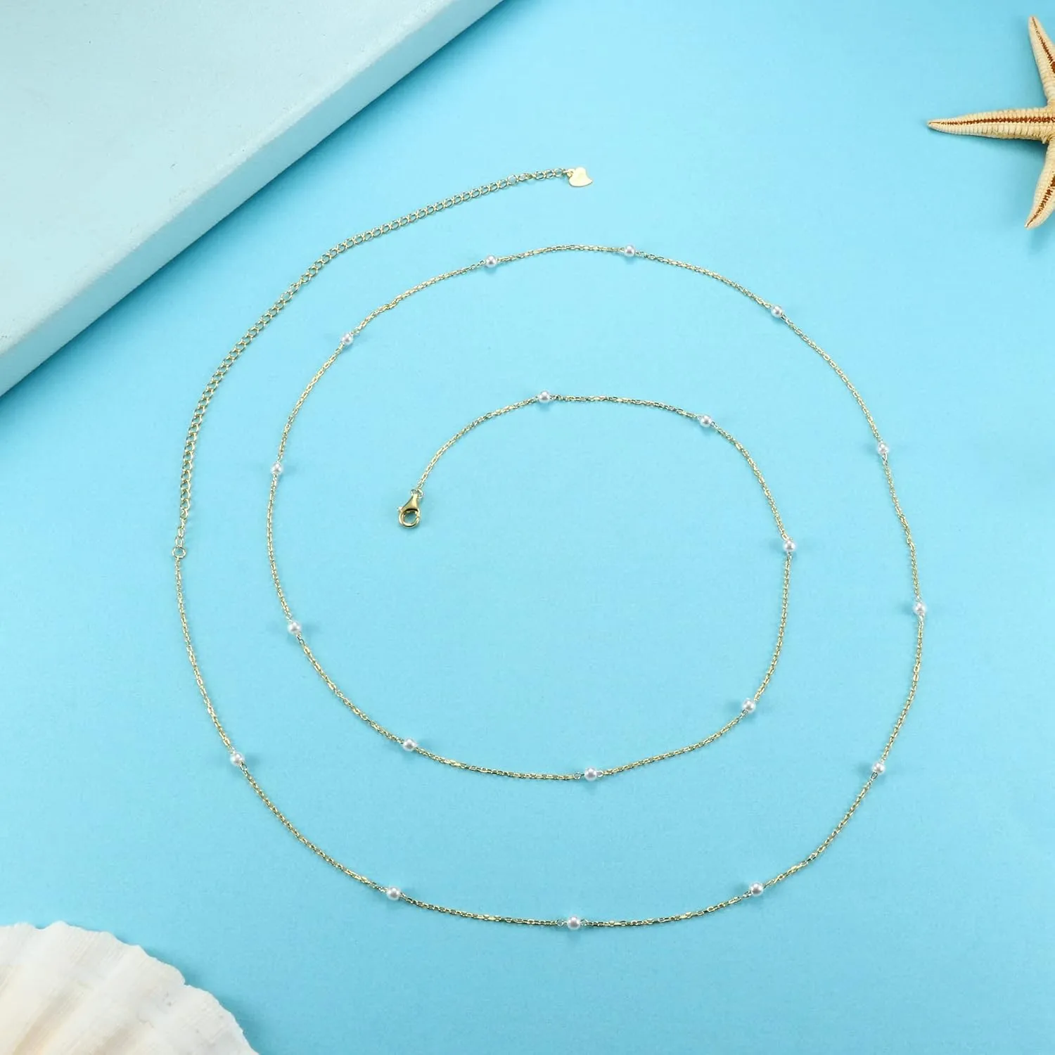 Sterling Silver Waist Chain for Women Adjustable Beads Pearl Belly Chain 14K Gold Beach Bikini Body Chain 31-37 inch Waist Chain